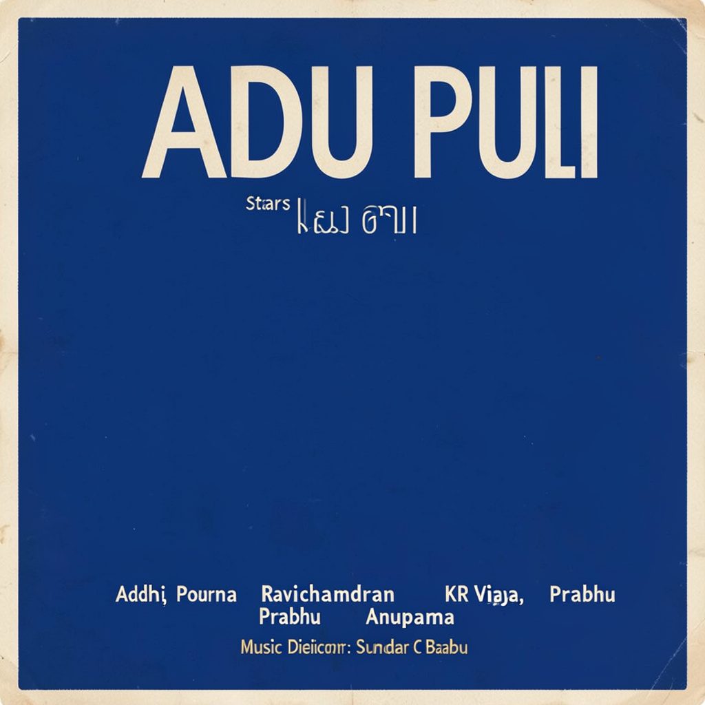 Poster-style illustration for the Tamil film Aadu Puli, showing warm orange and deep blue tones with a lively, dramatic mood