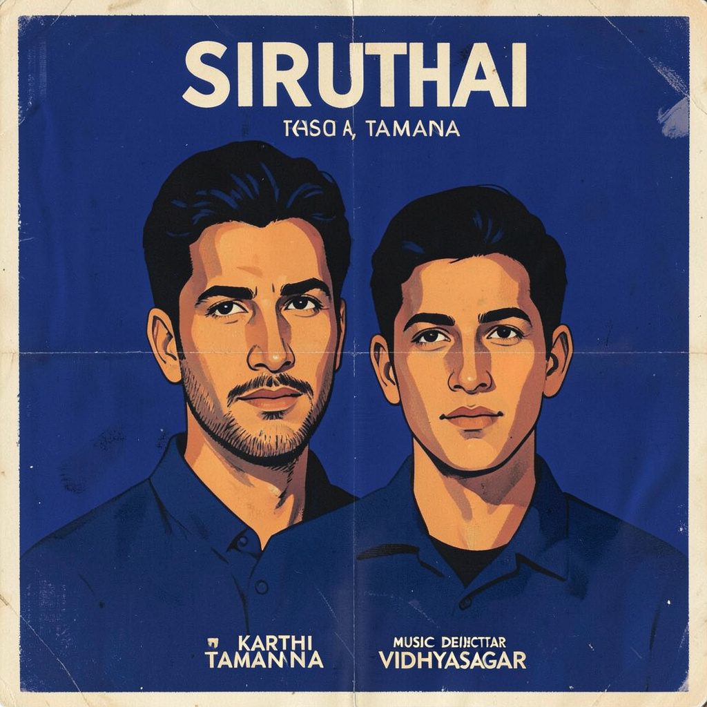Poster-style illustration for the Tamil film Siruthai, showing bold green and orange tones with an energetic, action mood