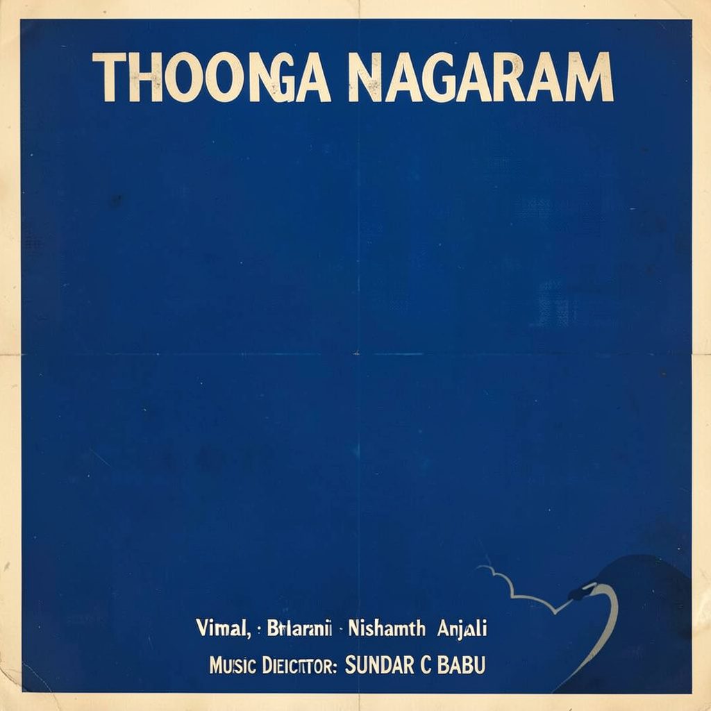 Poster-style illustration for the Tamil film Thoonga Nagaram, rendered in dusky purple and grey tones with a reflective, quiet mood